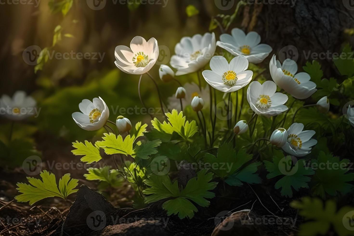 bellissimo bianca fiori di anemoni nel primavera nel un' foresta vicino su nel luce del sole nel natura. primavera foresta paesaggio con fioritura primule foto