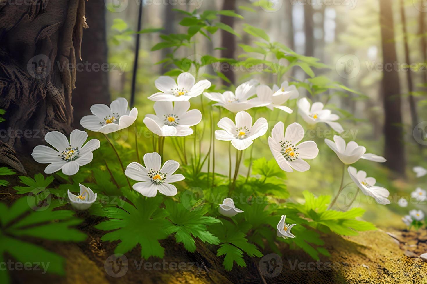 bellissimo bianca fiori di anemoni nel primavera nel un' foresta vicino su nel luce del sole nel natura. primavera foresta paesaggio con fioritura primule foto