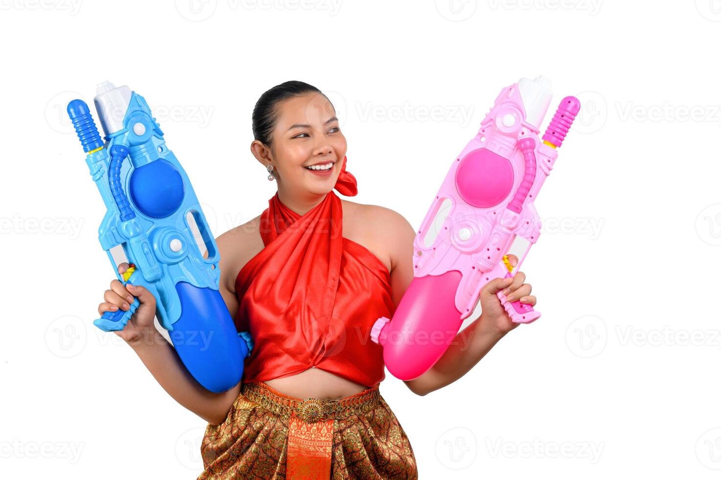 ritratto bellissimo donna nel Songkran Festival con acqua pistola foto