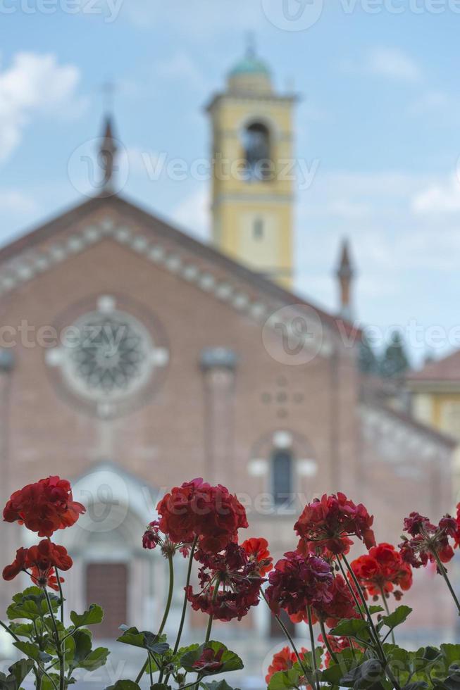 rosso fiori su medievale Chiesa sfondo foto