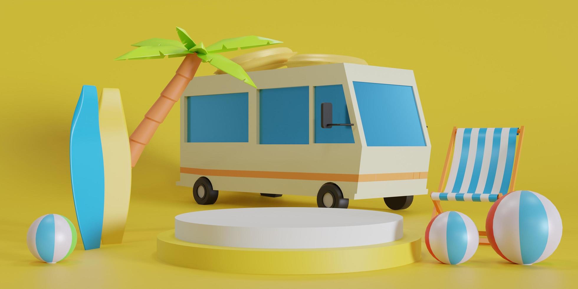 estate vacanza concetto, viaggio per il spiaggia di furgone trasporto viaggio con palma albero su giallo sfondo, 3d illustrazione foto