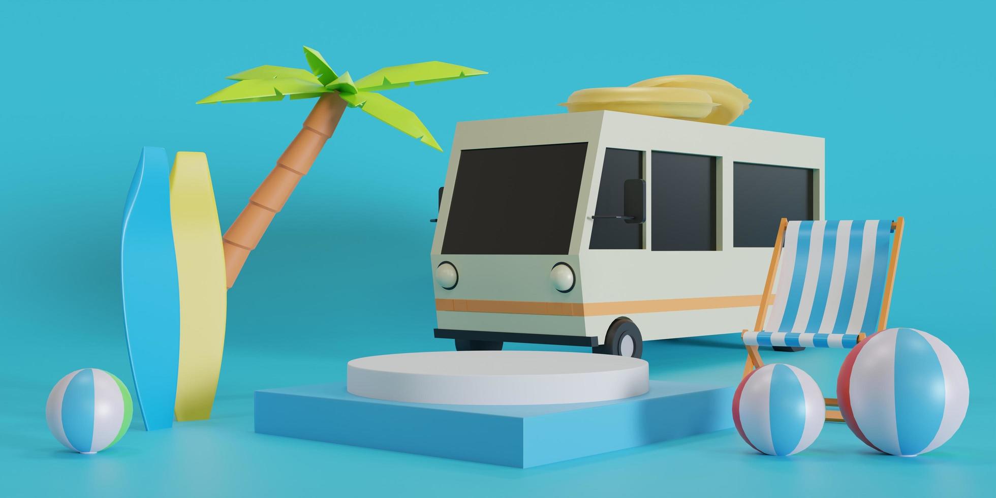 blu podio con estate vacanza concetto, sotto palma albero con auto su blu sfondo, 3d illustrazione foto