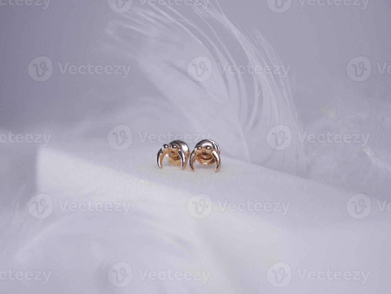 bellissimo oro orecchini avvicinamento su un' bianca sfondo foto