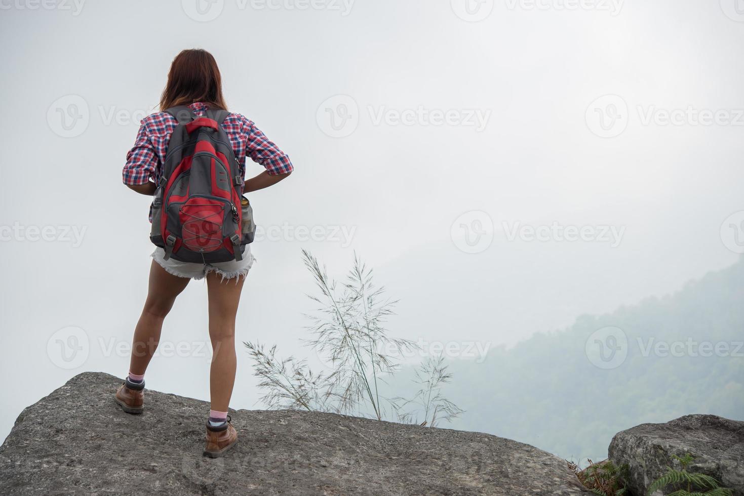 posteriore di un escursionista con zaini in piedi sulla cima di una montagna e godersi la vista della natura foto