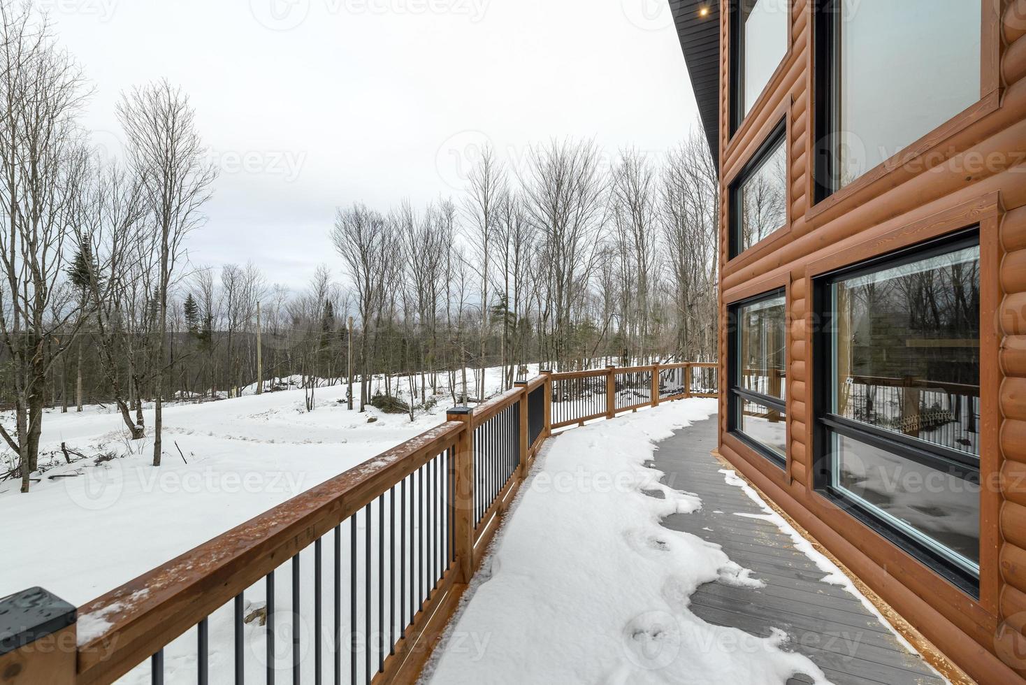inverno cottage nel a distanza la zona Quebec, Canada, log Casa con sauna, terme, camere da letto, piscina, vivente camera, messanino, cucina e bagni foto