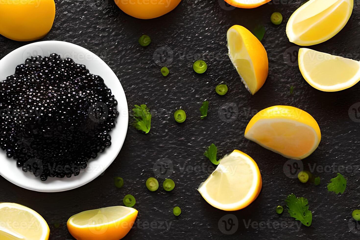 lusso caviale cibo su il bianca piatto e alcuni Limone per marketing e annuncio. foto