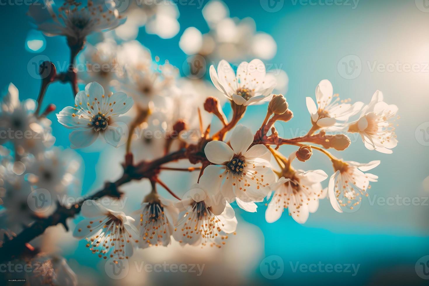 fotografie rami di fioritura ciliegia macro con morbido messa a fuoco su dolce leggero blu cielo sfondo nel luce del sole con copia spazio. bellissimo floreale Immagine di primavera natura, fotografia