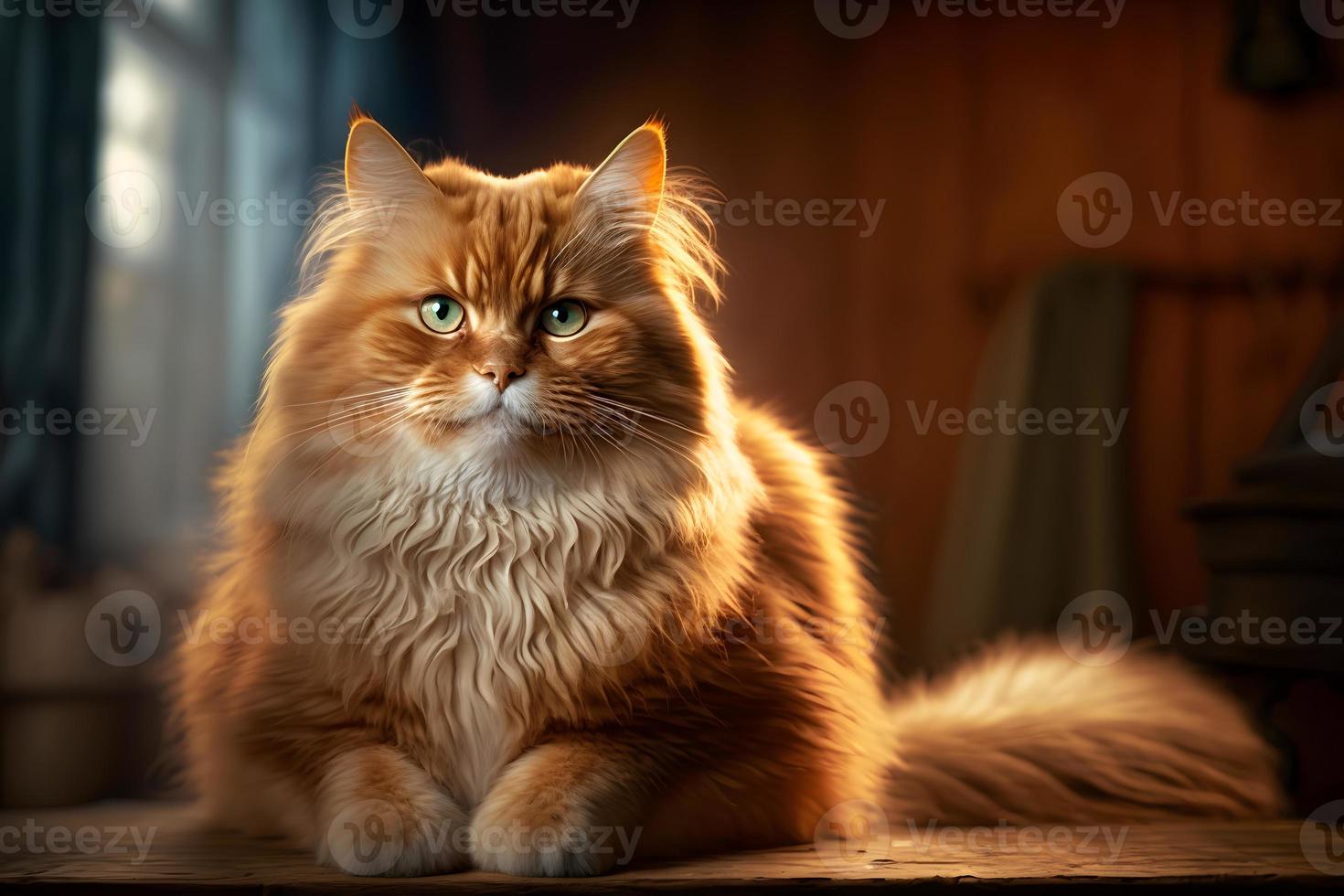 ritratto di un' divertente bellissimo rosso soffice gatto nel il interno, animali domestici fotografia foto