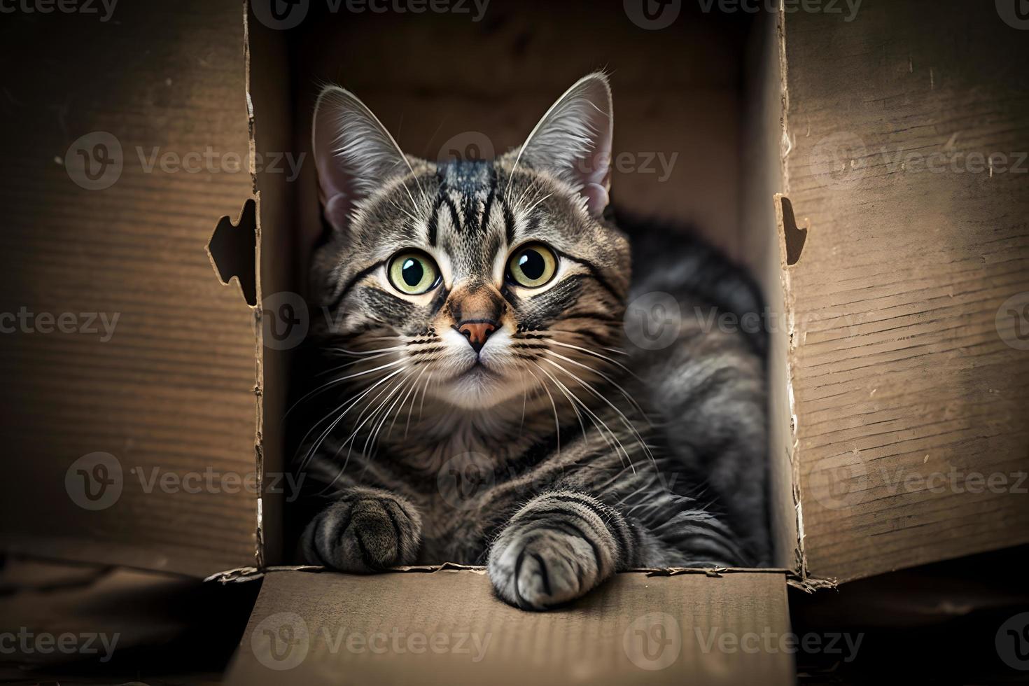 ritratto carino grigio soriano gatto nel cartone scatola su pavimento a casa fotografia foto