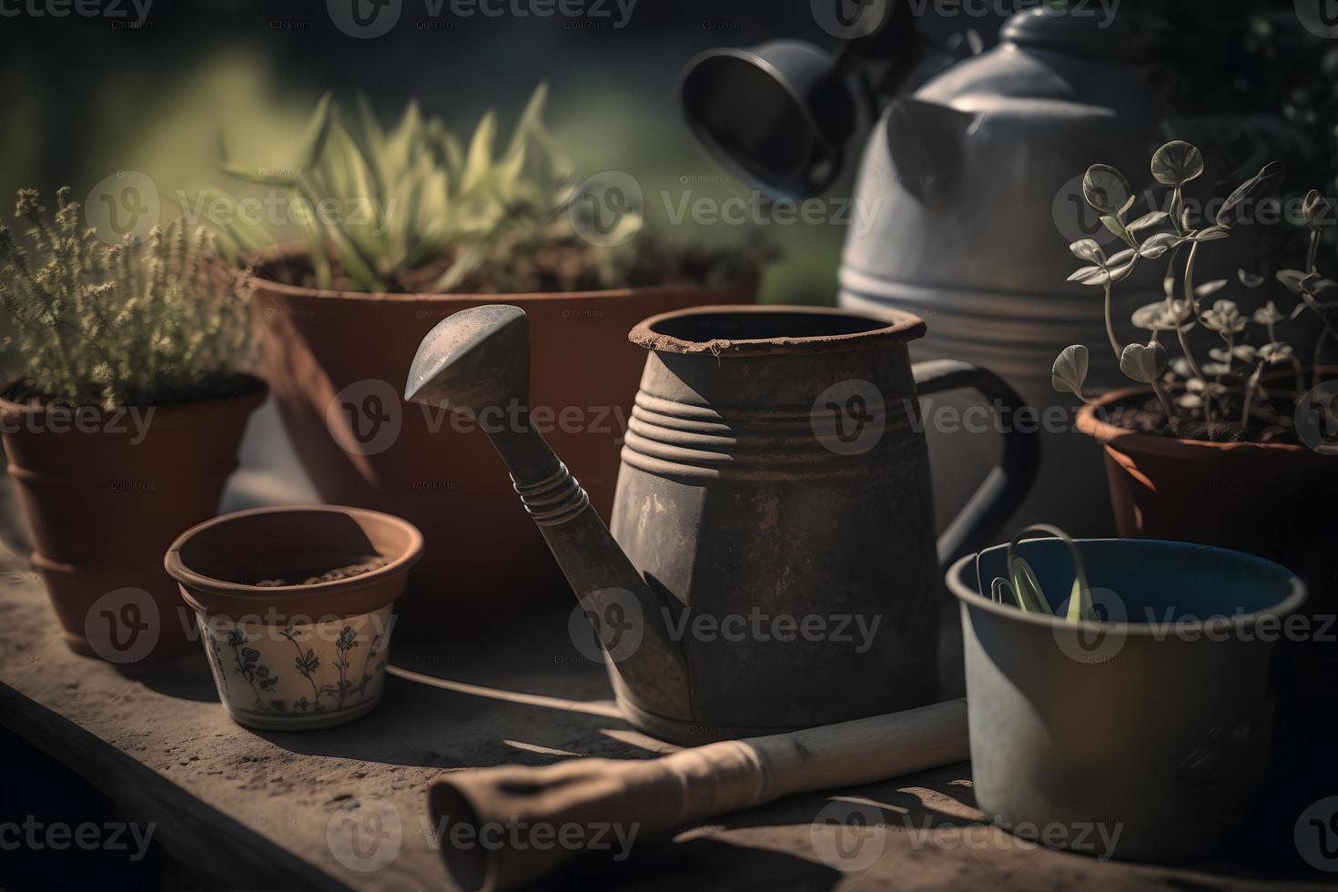 foto giardinaggio - impostato di utensili per giardiniere e vasi di fiori nel soleggiato giardino, fotografia