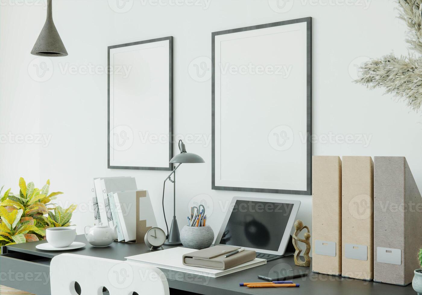 3d interno design spazio di lavoro con modello foto telaio