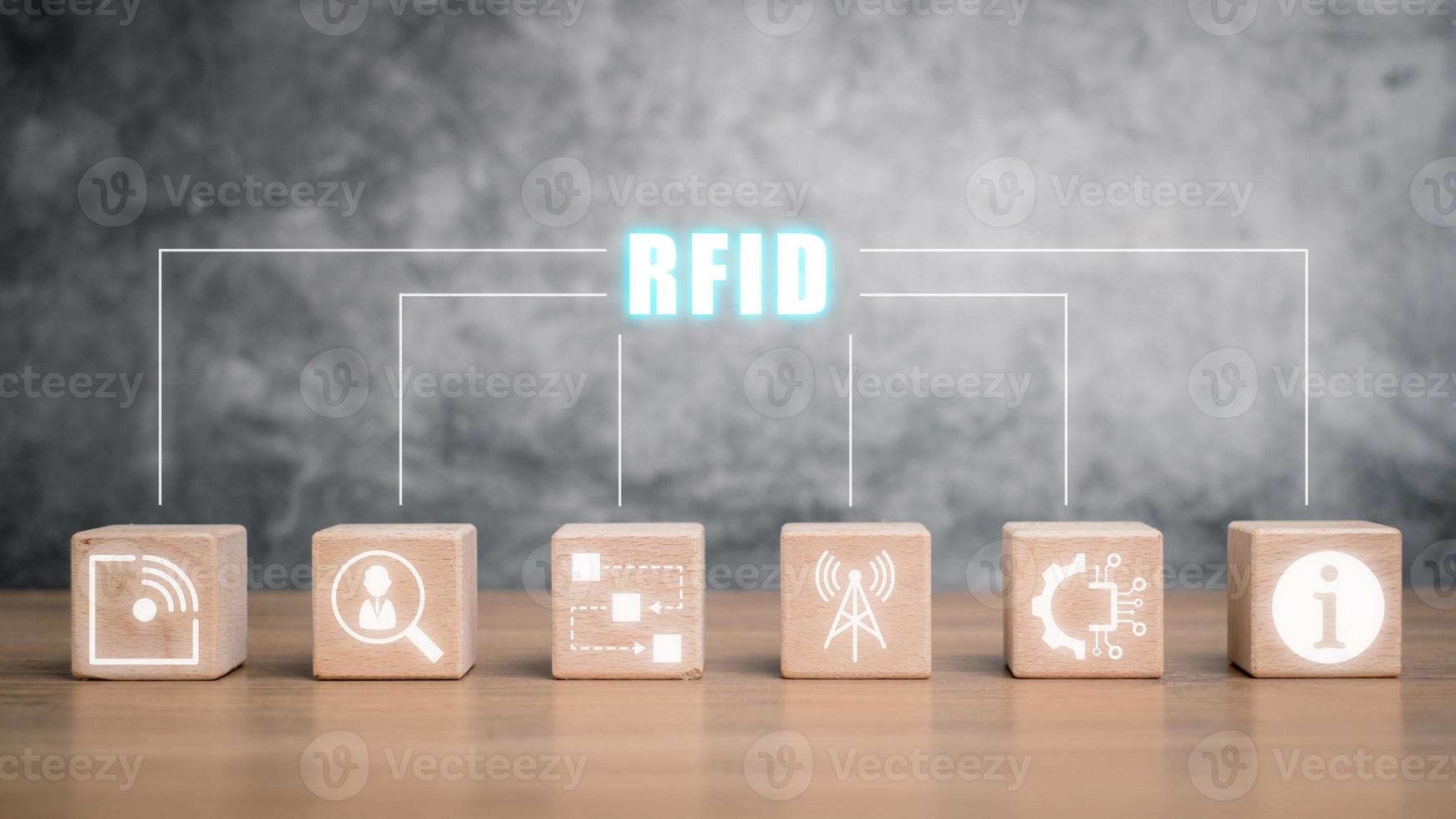 RFID, Radio frequenza identificazione concetto, di legno bloccare su scrivania con rfid icona su virtuale schermo. foto