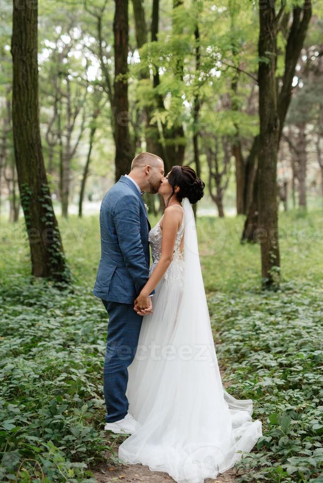 nozze camminare di il sposa e sposo nel il deciduo foresta nel estate foto