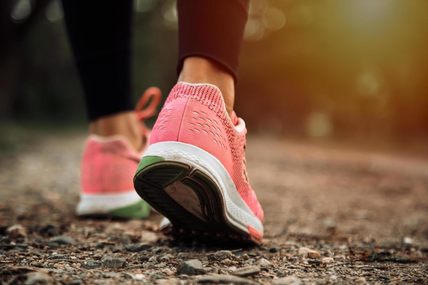 stretta di corridore fitness sport femminile al sentiero nel bosco foto