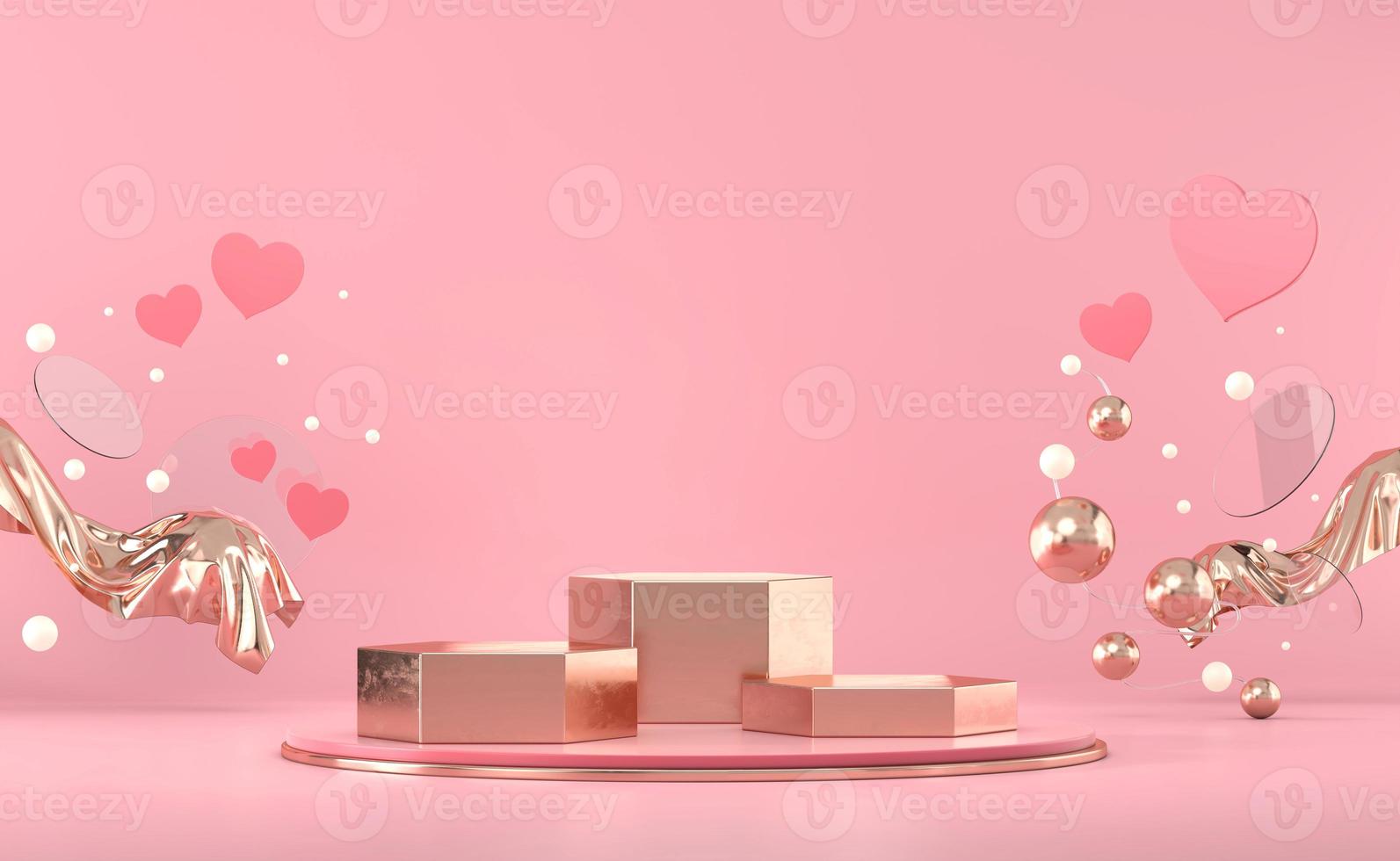 il podio del palcoscenico di san valentino deride con il rendering 3d della vetrina dell'esposizione del prodotto della decorazione del cuore foto