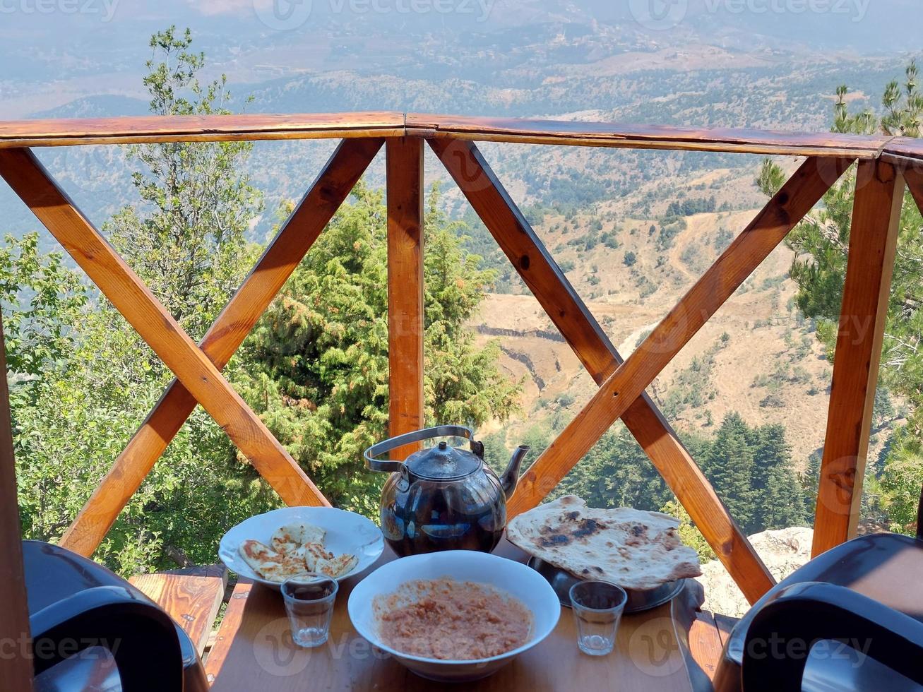 prima colazione nel di legno Casa su montagna picco foto