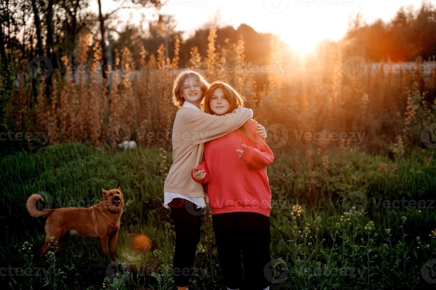 Due adolescenziale ragazze siamo abbracciare a tramonto Il prossimo per un' rosso cane foto