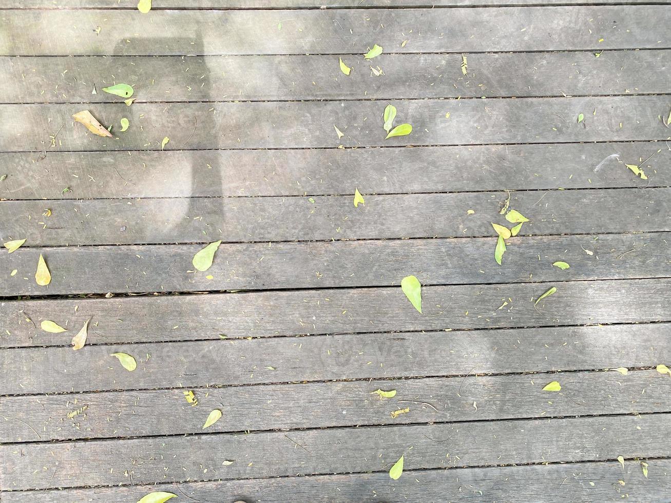 giallo le foglie autunno e sparpagliato sopra di legno ponte pavimento sotto il luce del sole con ombre. foto