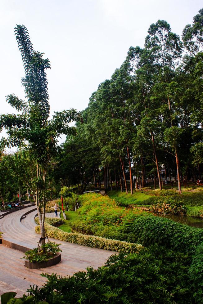 panoramico Visualizza di un' giardino paesaggio con sorprendente impianti e fiori. paesaggi nel il pubblico parco sotto un' nuvoloso cielo foto