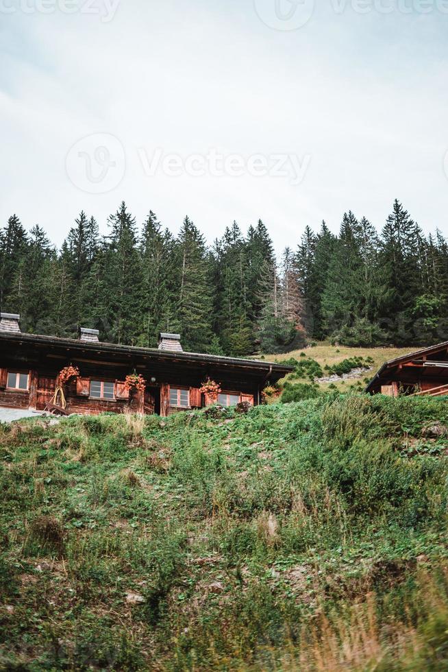 di legno capanna nel il Alpi con montagne nel il sfondo panorama foto