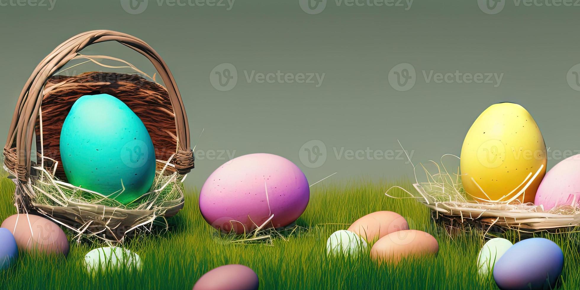 Pasqua sfondo con decorato Pasqua uova su un' verde prato nel il primavera stagione. foto