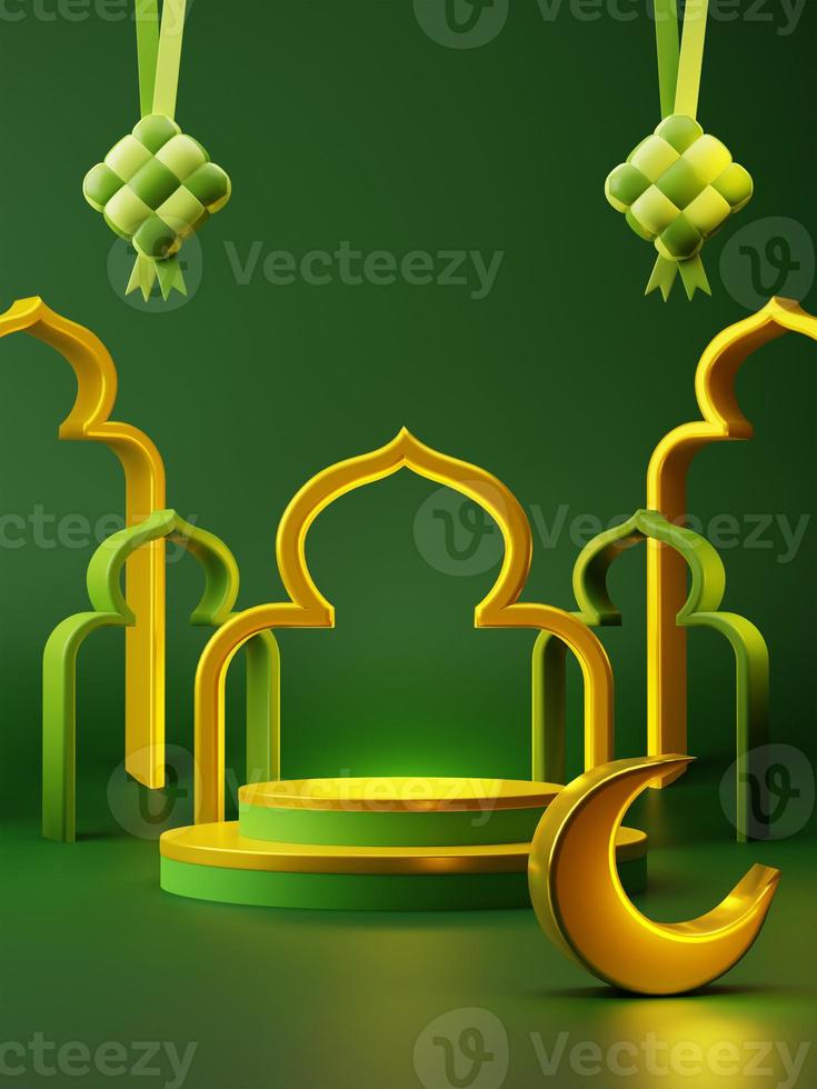 3d interpretazione hari raya rmandan podio Prodotto Schermo con moschea e islamico decorativo elemento. lusso tema promozione vendita pubblicità campagna foto