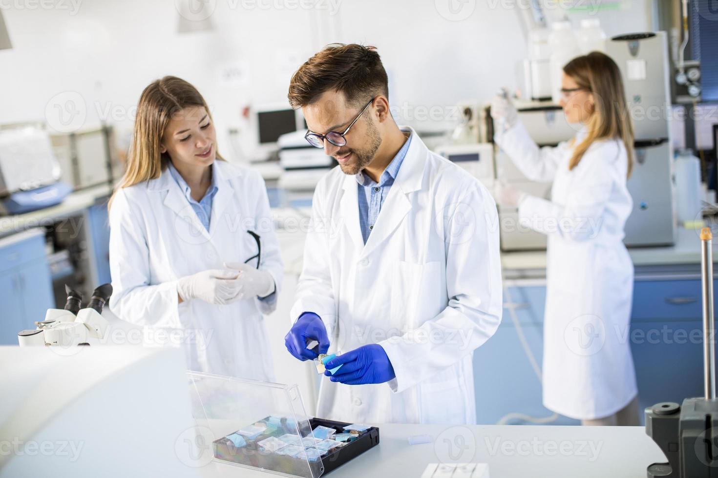 gruppo di giovani ricercatori che analizzano dati chimici in laboratorio foto