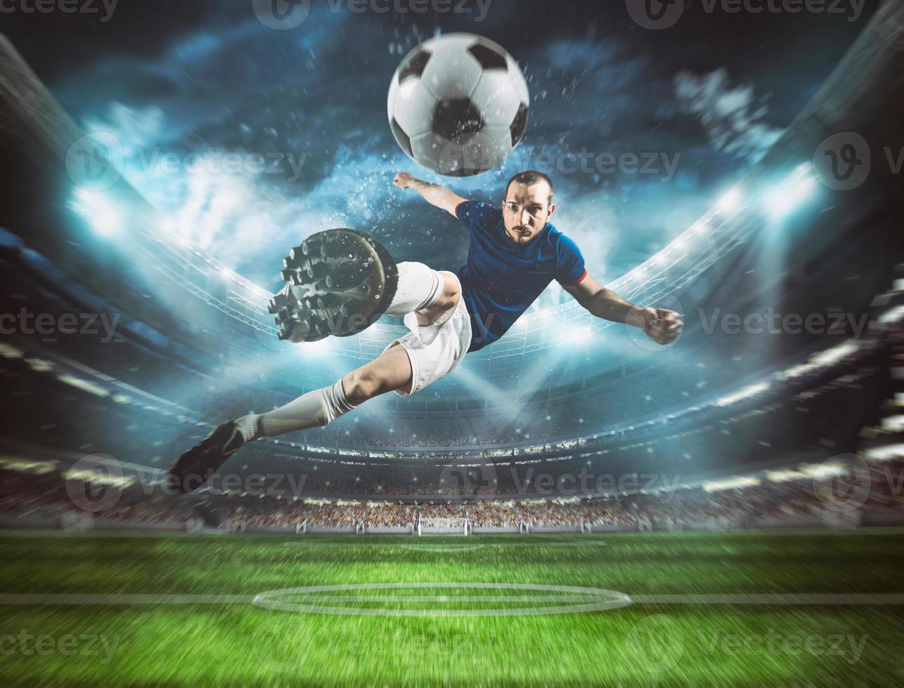 calcio attaccante colpi il palla con un acrobatico calcio nel il aria a il stadio a notte incontro foto