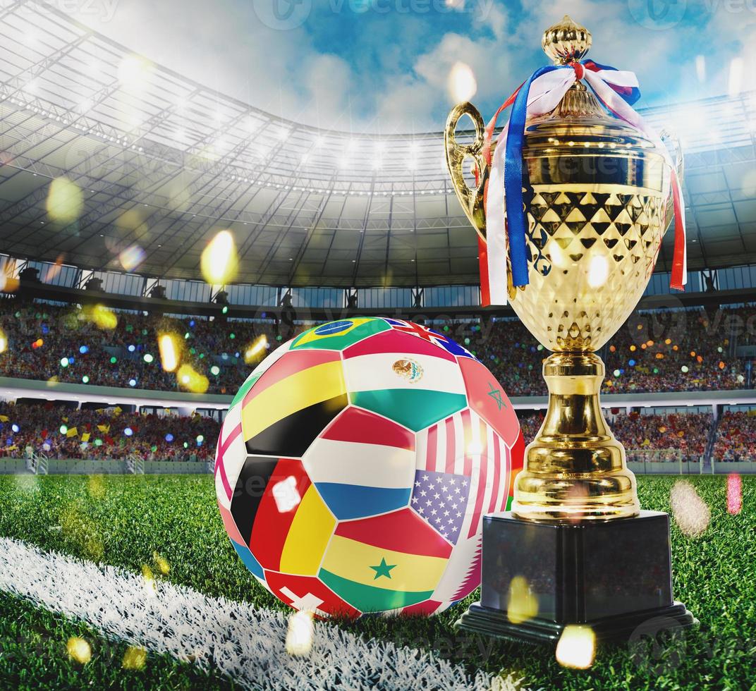 d'oro calcio trofeo con palla da calcio con In tutto il mondo paesi foto