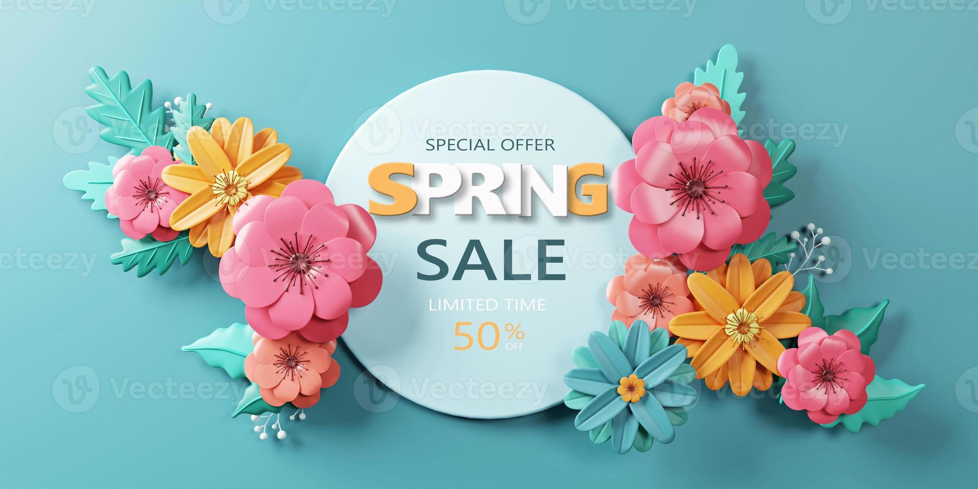 3d resa. primavera vendita bandiera con bellissimo colorato fiore. può essere Usato per modello, striscioni, sfondo, volantini, invito, manifesti, opuscolo, voucher; tagliando sconto. foto