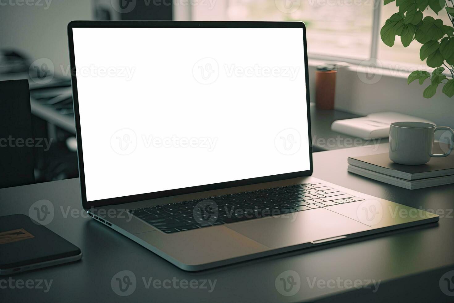 creativo bianca schermo modello di un' il computer portatile su il scrivania. vuoto computer design foto