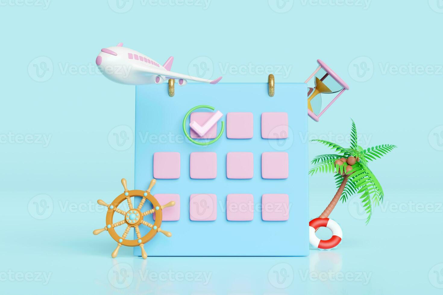 3d calendario con aereo icone, segnato Data, palma albero, clessidra, volo isolato su blu sfondo. programma appuntamento, estate viaggiare, itinerario concetto, 3d rendere illustrazione, ritaglio sentiero foto