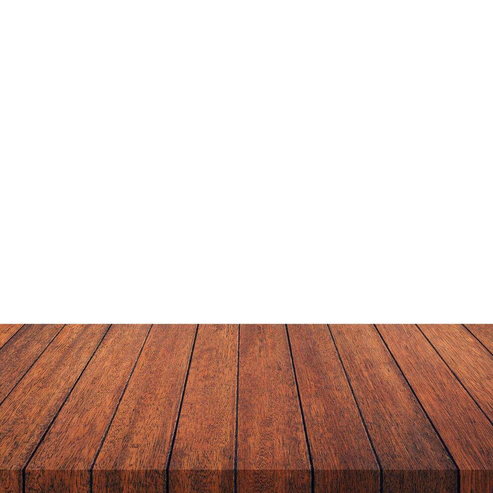 vuoto legna tavolo su isolato bianca sfondo e Schermo montaggio per Prodotto. foto
