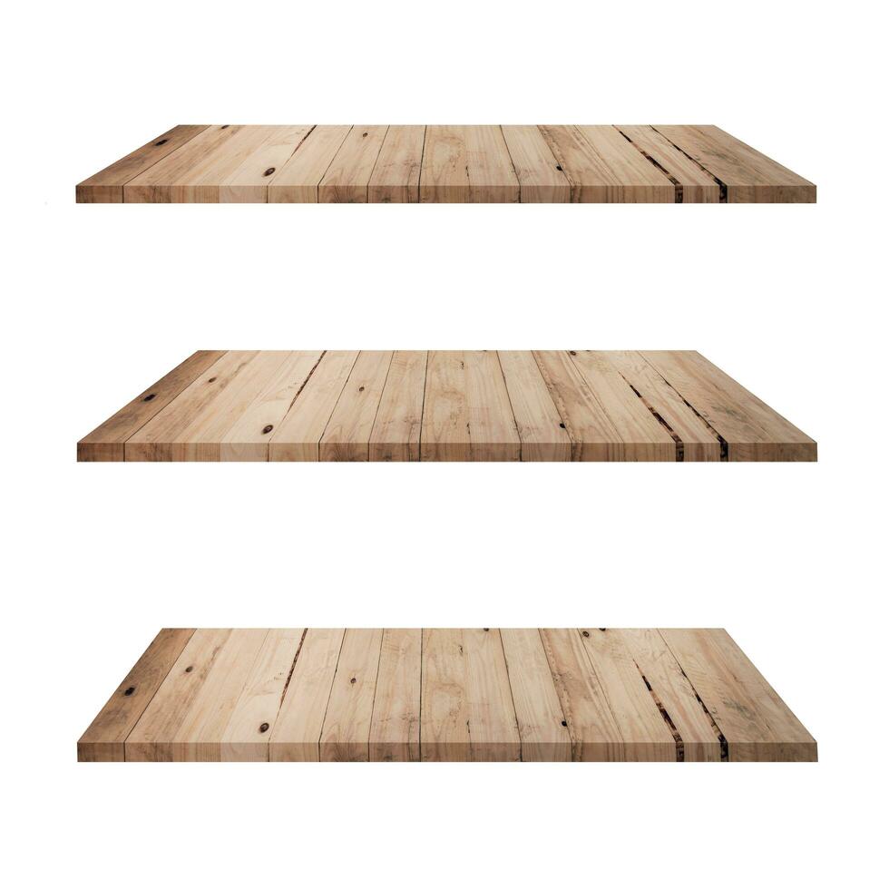 3 legna scaffali tavolo isolato su bianca sfondo e Schermo montaggio per Prodotto. foto
