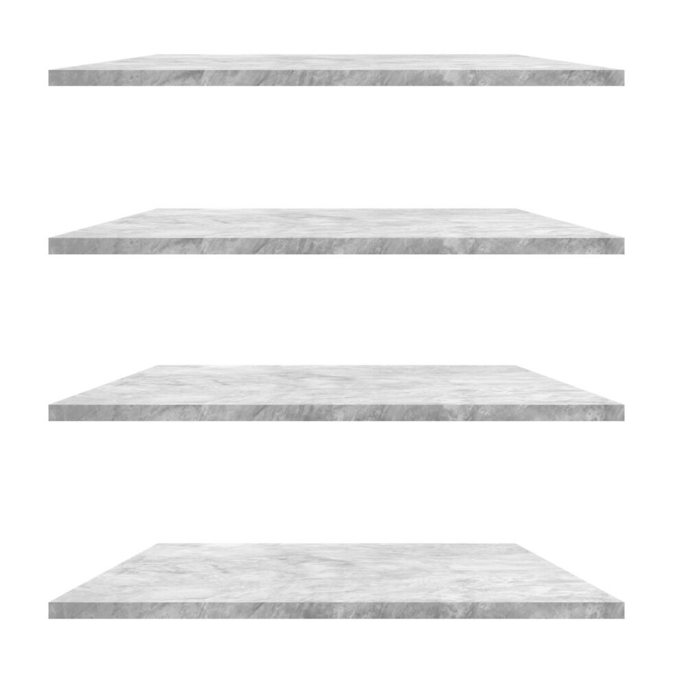 4 calcestruzzo scaffali tavolo isolato su bianca sfondo e Schermo montaggio per Prodotto. foto