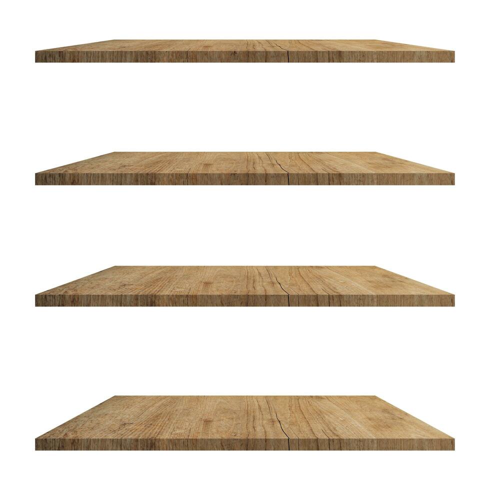 4 legna scaffali tavolo isolato su bianca sfondo e Schermo montaggio per Prodotto. foto