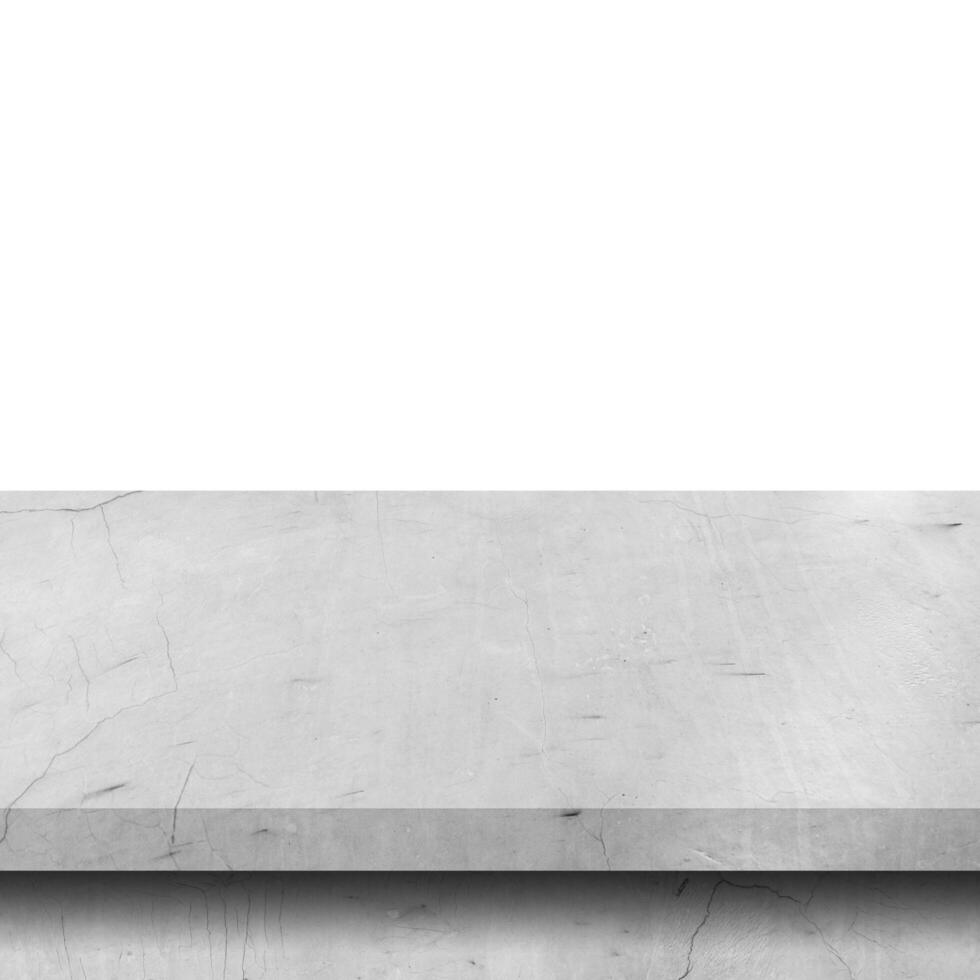 vuoto cemento tavolo su isolato bianca sfondo con copia spazio e Schermo montaggio per Prodotto. foto