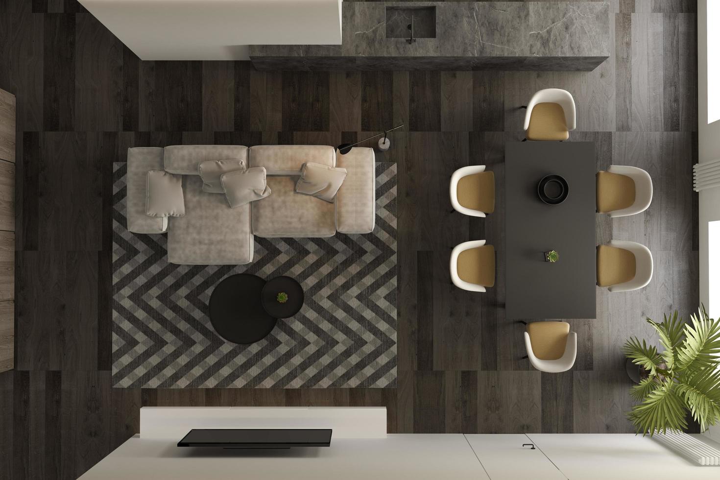 vista dall'alto di un interno minimalista nero di un soggiorno moderno in rendering 3d foto