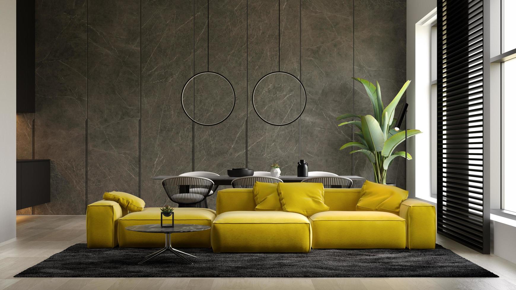 interni minimalisti di un soggiorno moderno nell'illustrazione 3d foto