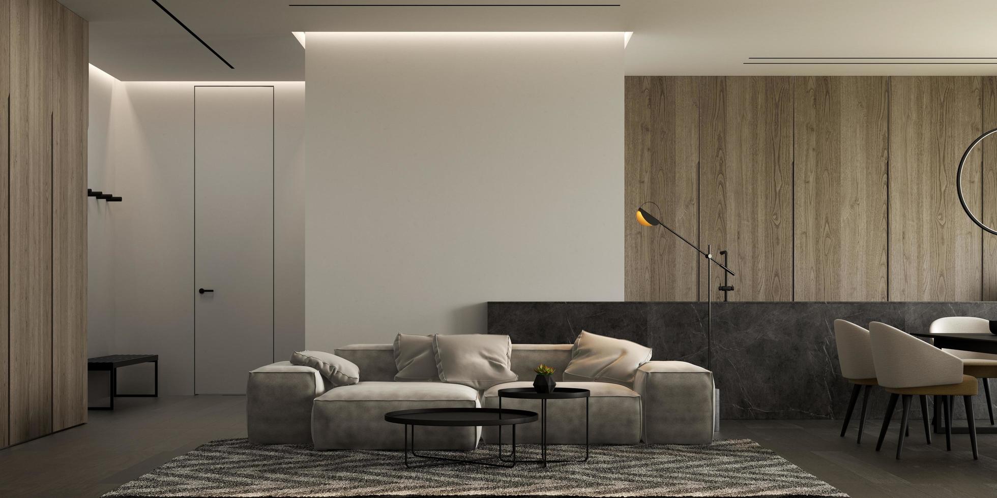 interni minimalisti di un soggiorno moderno in rendering 3d foto