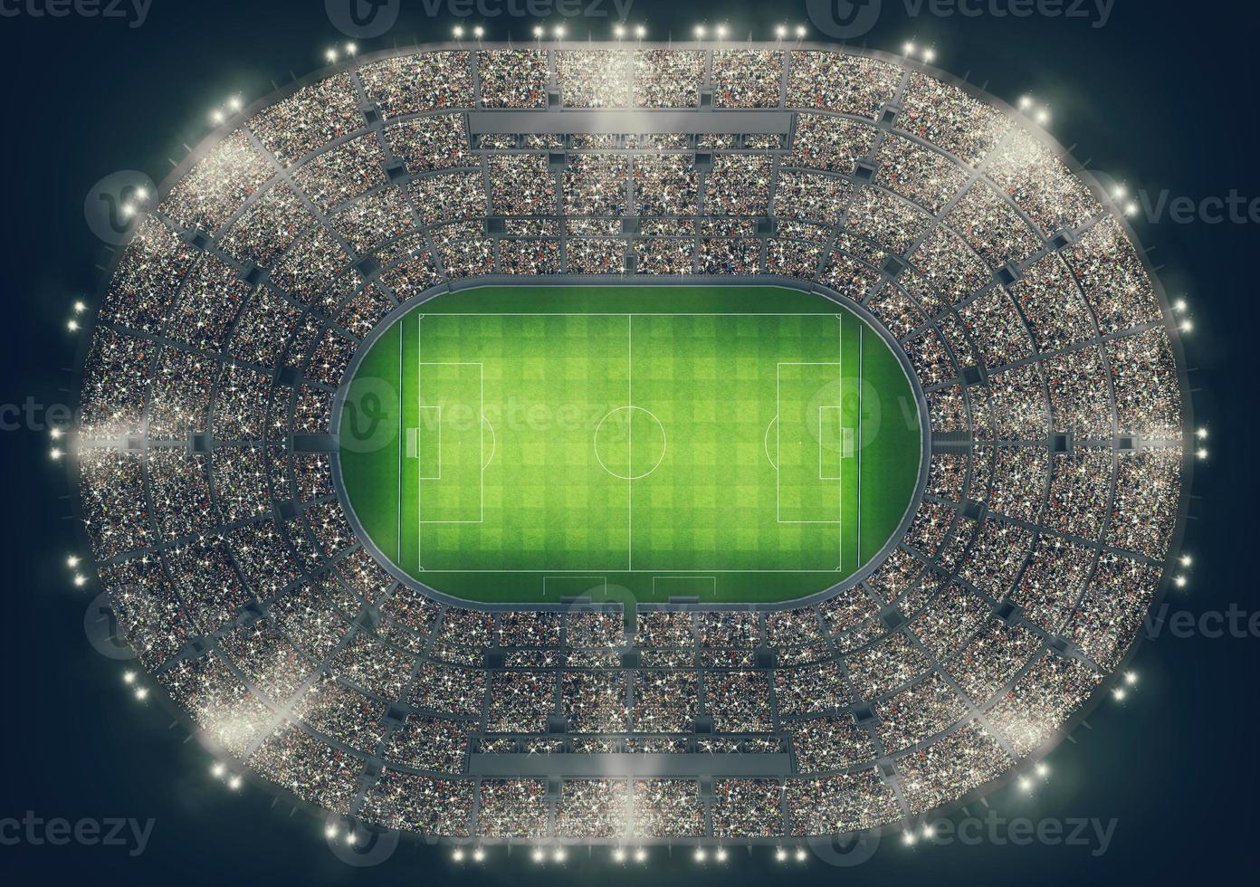 superiore Visualizza di un' calcio stadio pieno di persone durante un' notte gioco . 3d interpretazione foto