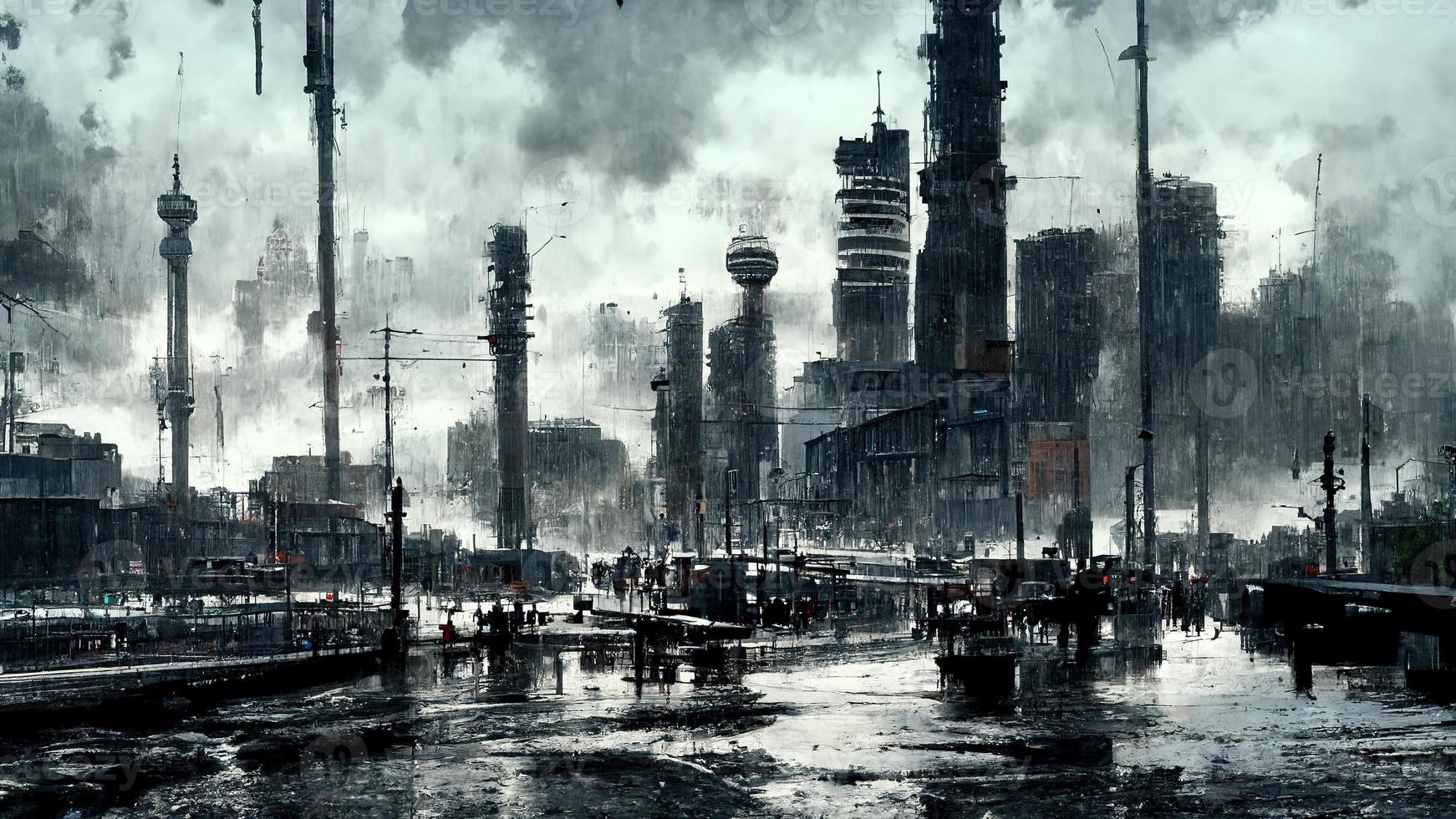 cupo paesaggio di il città nel il pioggia. astratto illustrazione arte foto