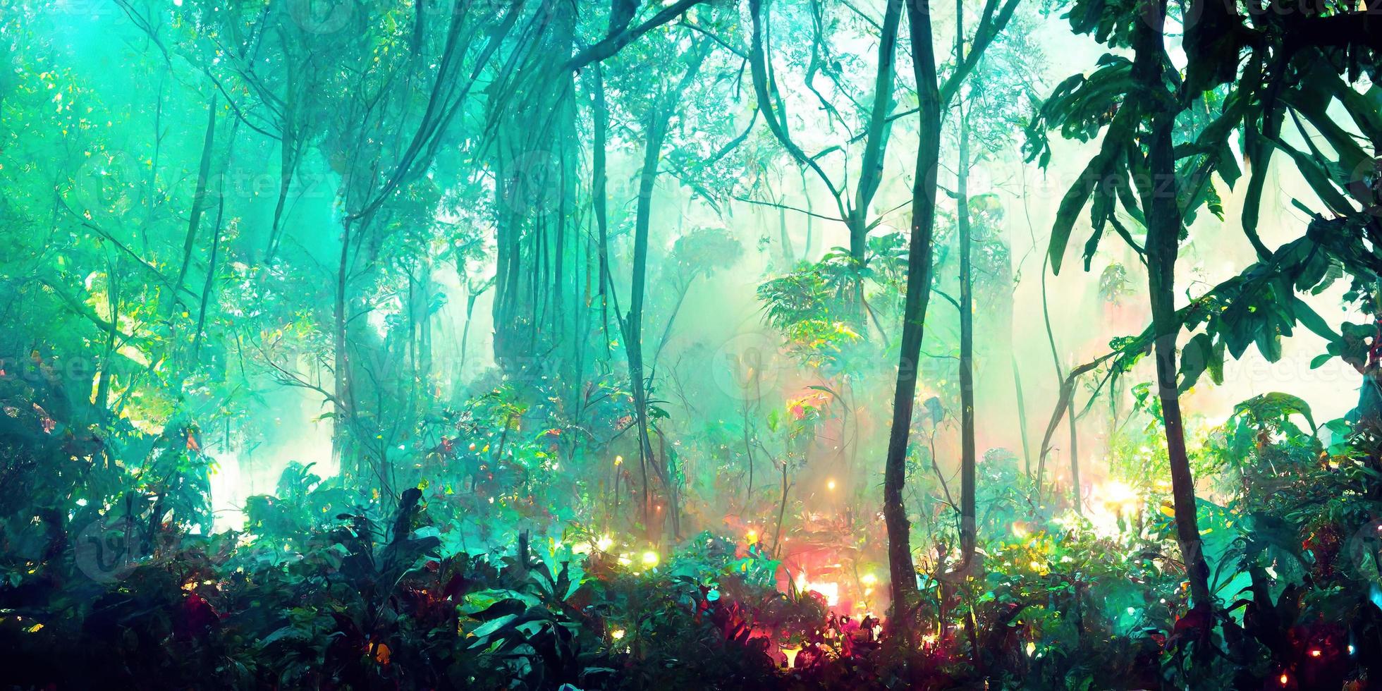 fantasia nebbioso giungla sotto neon leggero illustrazione foto