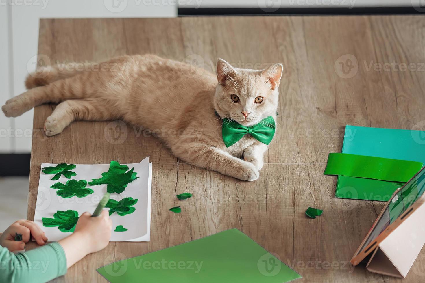 un' poco ragazza con un' bendare su sua testa disegna e tagli verde quadrifogli per st. Patrick giorno a un' tavolo a casa nel il cucina, Il prossimo per sua è sua bellissimo gatto con un' verde arco cravatta in giro il suo collo foto