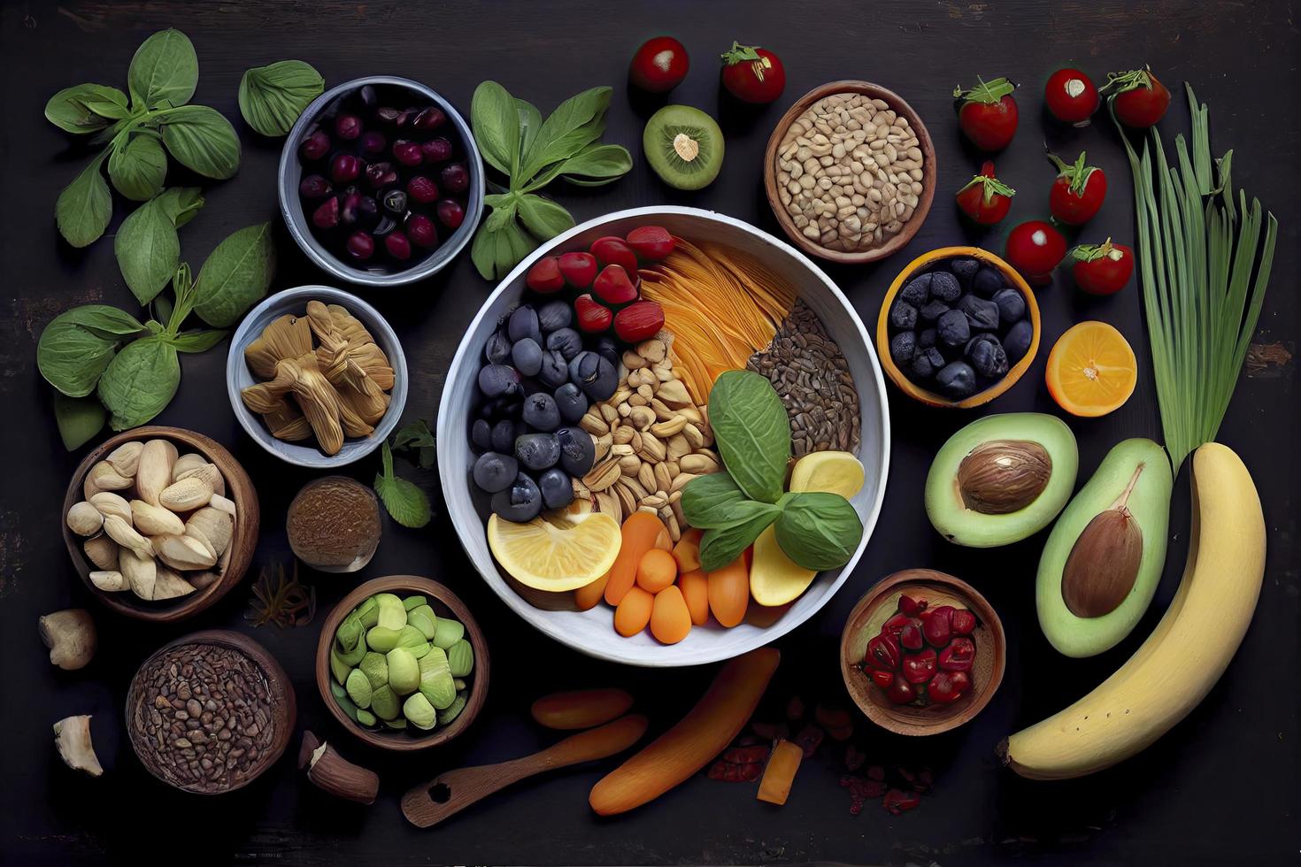 mucchio di frutta e verdure nel molti appetitoso colori, tiro a partire dal sopra, invitante per condurre un' salutare a base vegetale stile di vita foto