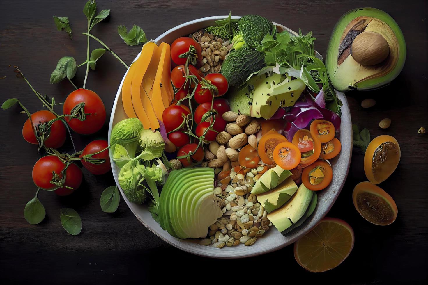 mucchio di frutta e verdure nel molti appetitoso colori, tiro a partire dal sopra, invitante per condurre un' salutare a base vegetale stile di vita foto