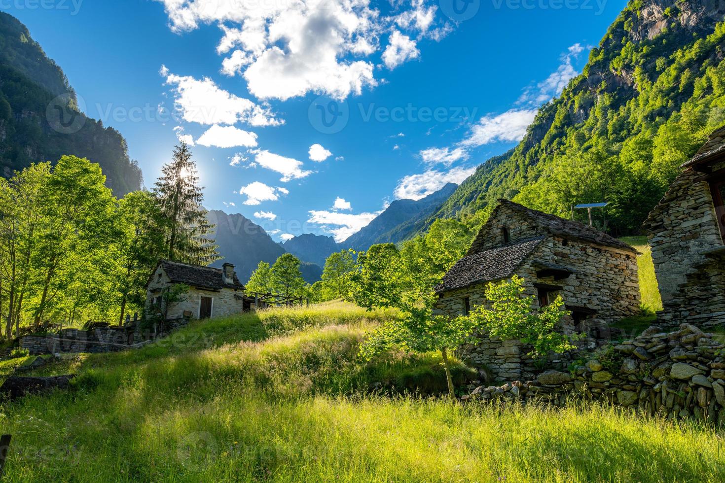 verde prato con blu cielo e piccolo vecchio case foto