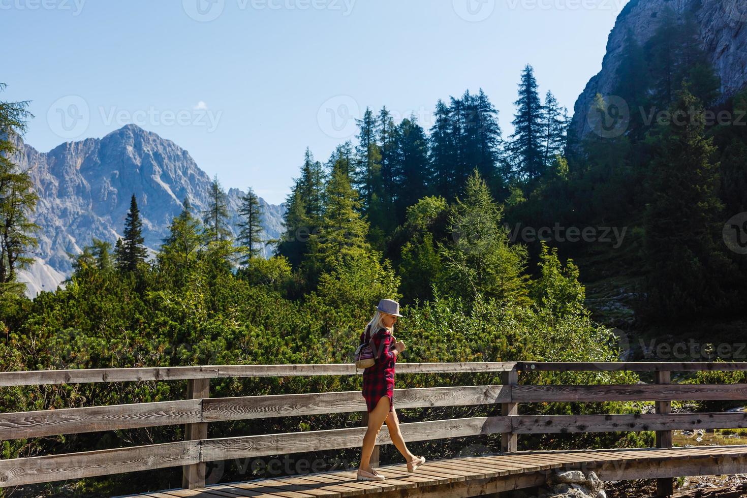 giovane bellissimo ragazza viaggiatore , montagne Alpi sfondo, foto