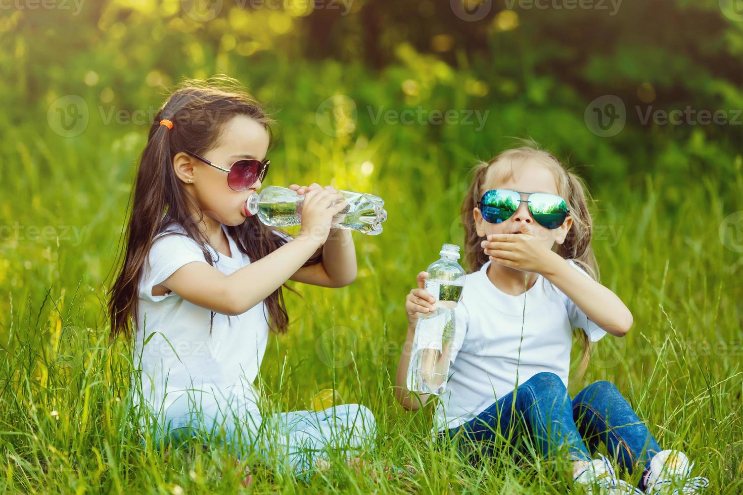 Due poco ragazze siamo potabile un' bottiglia di acqua nel il parco. concetto di purezza, ecologico e biologico Prodotto, amore per natura foto