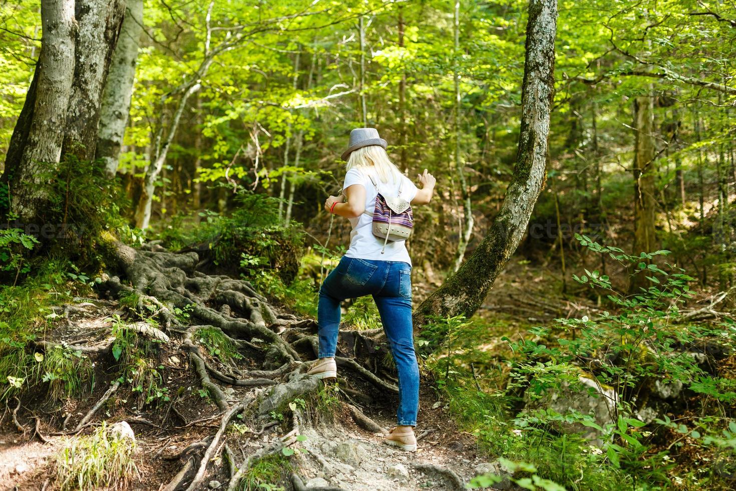 donna a piedi nel il montagna foresta foto